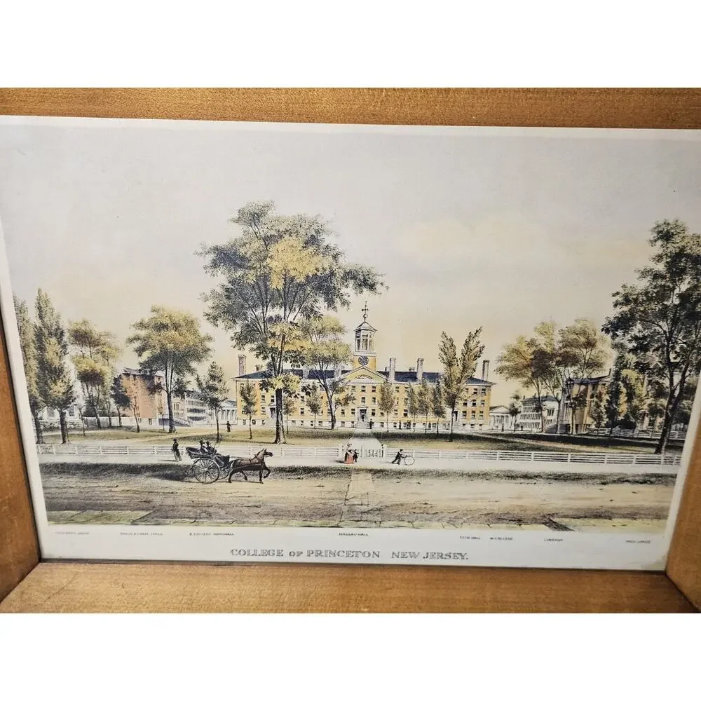 Color Lithograph Print Framed College of Princeton NJ Nassau Hall 1860 17x14 - Picture 5 of 6